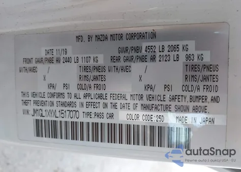 2020 Mazda Mazda6 Signature z USA, uszkodzony, nr VIN JM1GL1XYXL1517070